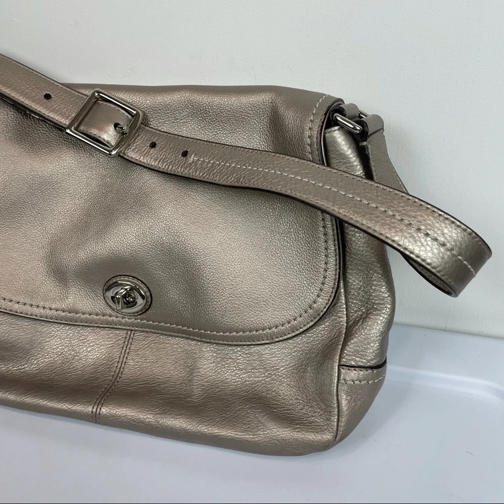 Coach Park Leather Flap Shoulder Bag Metallic Silver